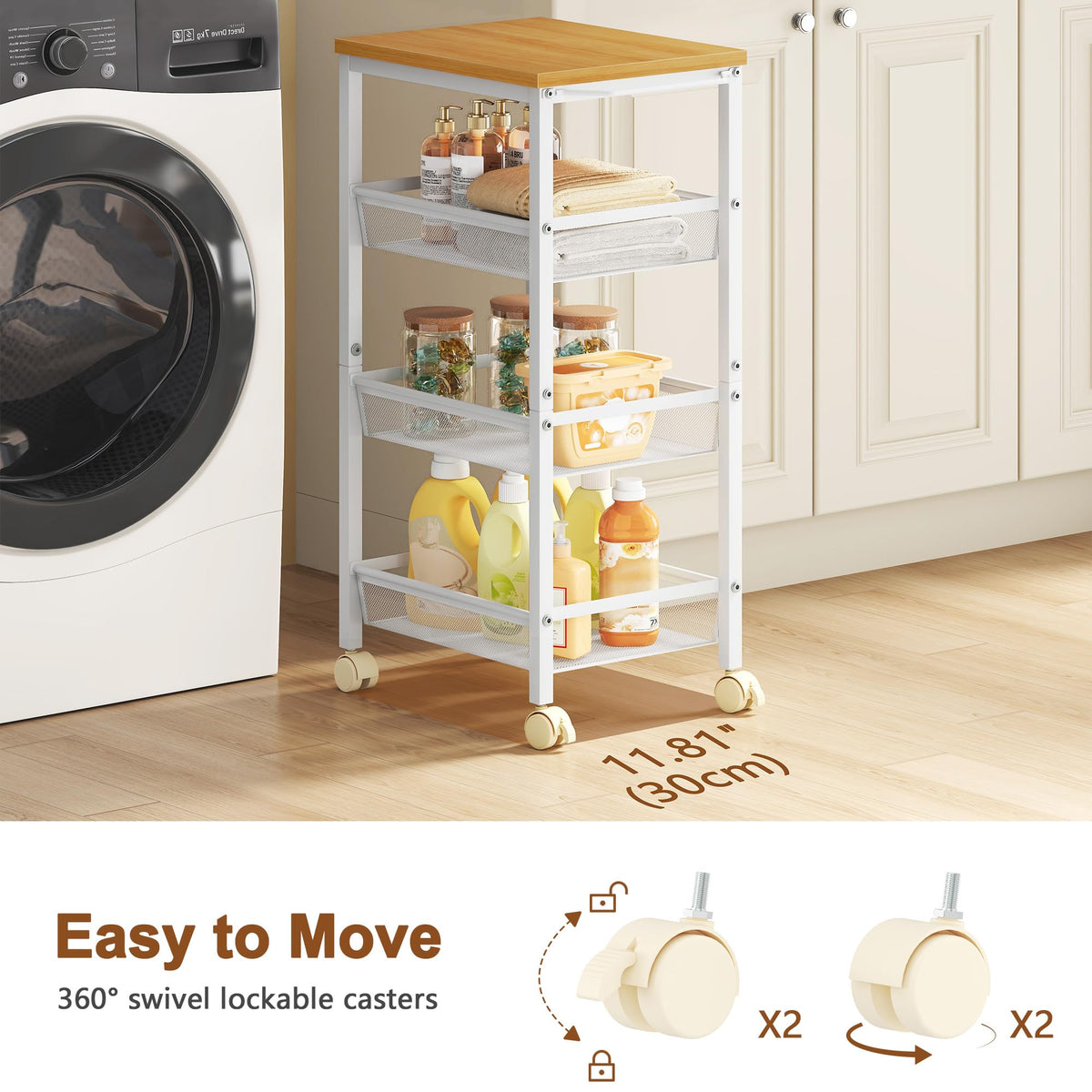 Hoctieon Rolling Storage Cart, 4-Tier 11.8" Wide Rolling Kitchen Storage Cart, Utility Cart with