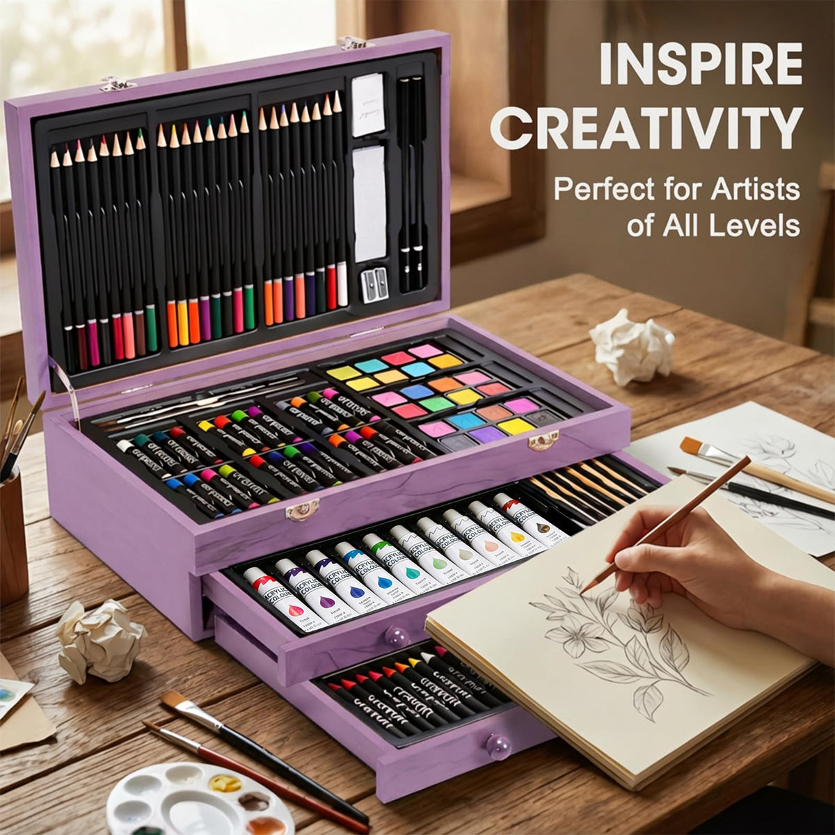 175 Piece Deluxe Art Set with 2 Drawing Pads, Acrylic Paints, Crayons, Colored Pencils, Paint Set