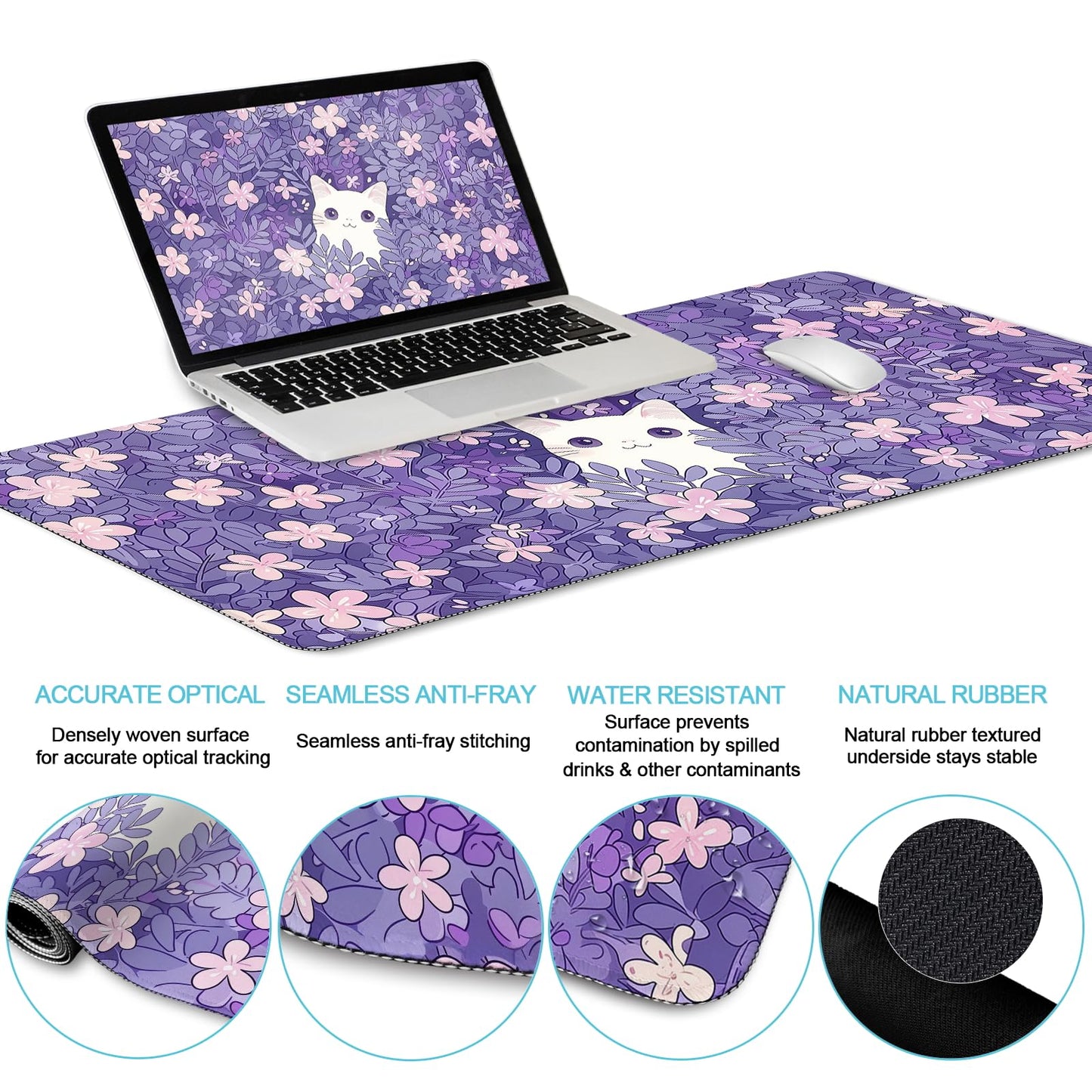 LIMKRIAN Purple Mouse Pad Large Desk Mat Set, Kawaii Cat Gaming Mousepad