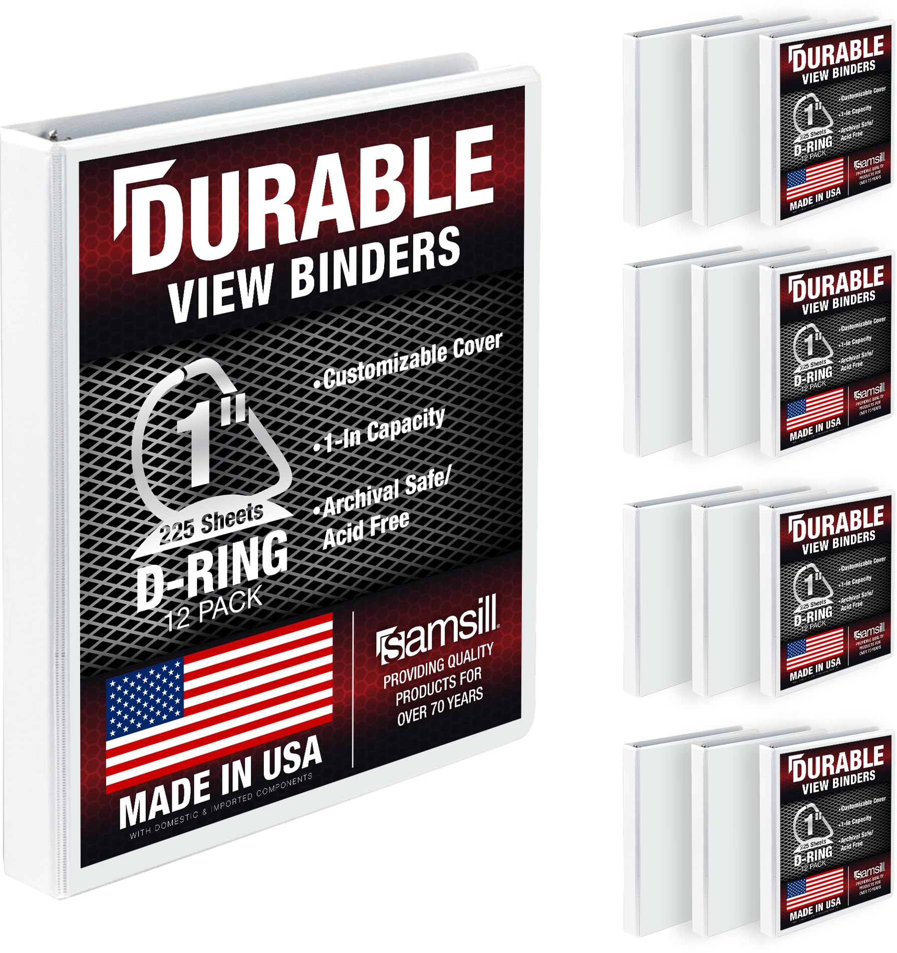 Samsill Durable 1 inch 3 Ring Binder, D Ring Binder, 100% Recycled Chipboard, White, 12 Pack