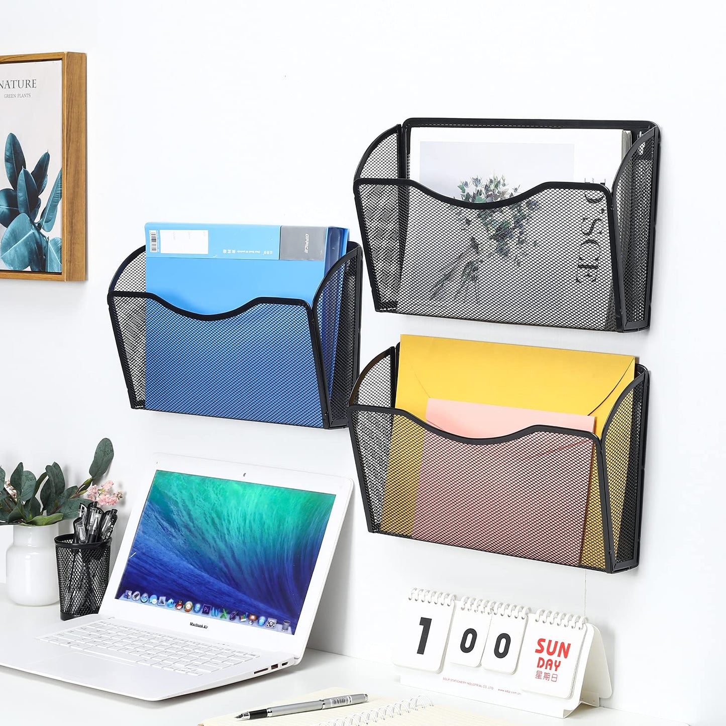 PAG-Mass 6 Pockets Wall File Organizer Metal Mesh Hanging Document Paper Holder Wall Mount Magazine