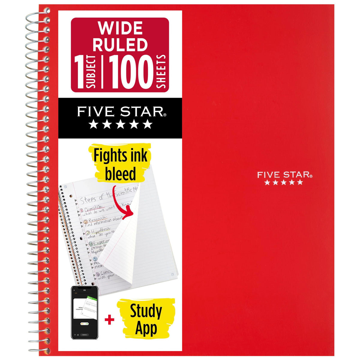 Five Star Spiral Notebook + Study App, 1 Subject, Wide Ruled 8" x 10.5" Paper, 100 Sheets, Fights