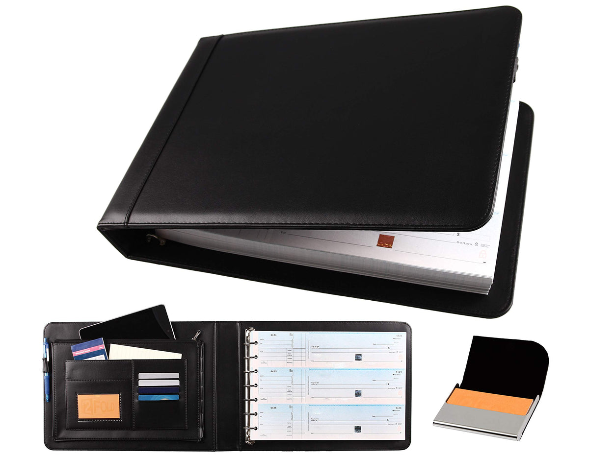 2Fold Business Check Binder 7 Ring for 3-Up Business Size Checks with Extra Business Card Case - PU