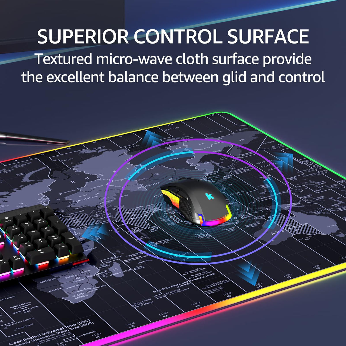 KTRIO RGB Large Gaming Mouse Pad, 31.5 x 15.7 in, RGB World Map, XXL