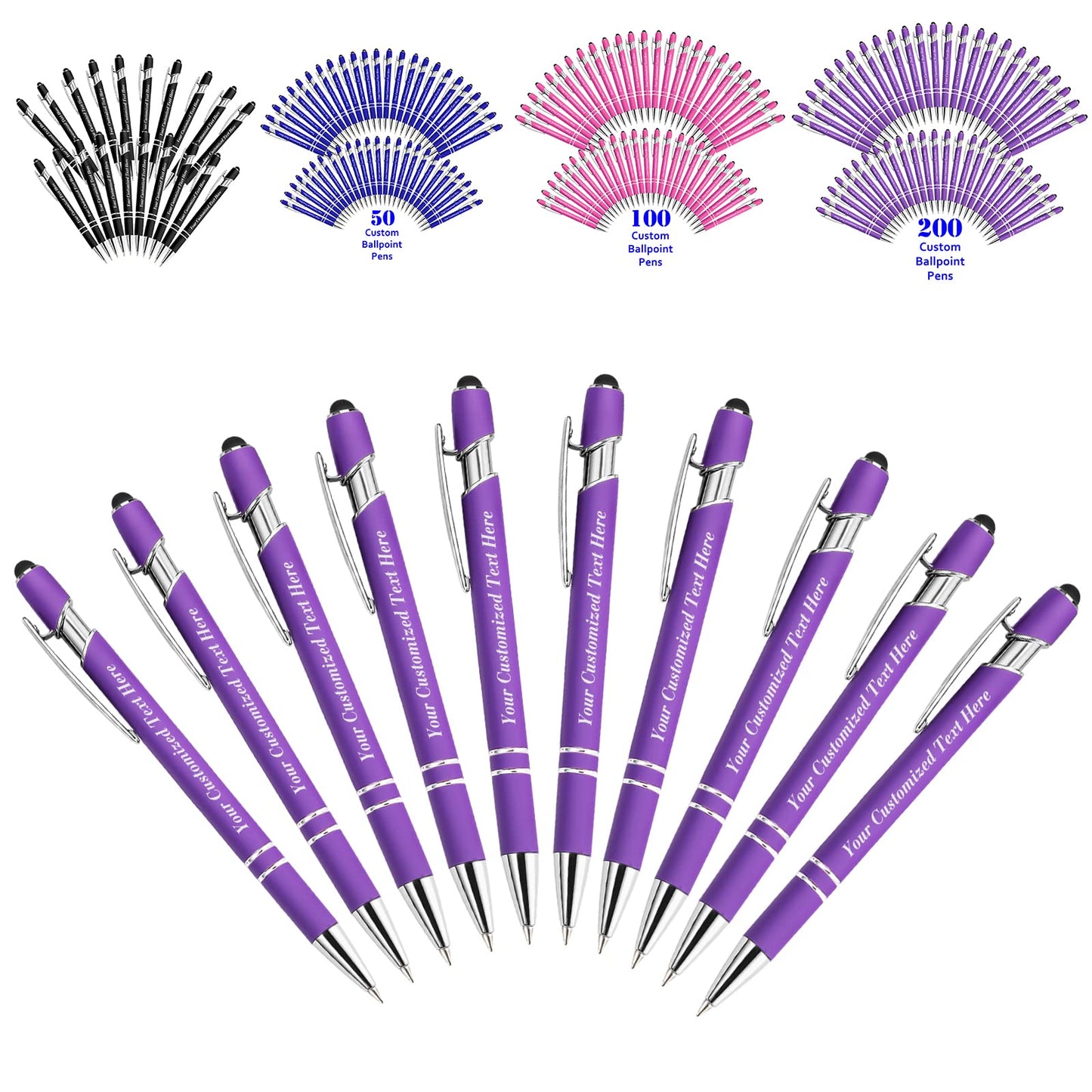10 Pcs Personalized Pens in Bulk with Stylus Tip - Custom Print with Name 0.5 mm Soft Touch Medium
