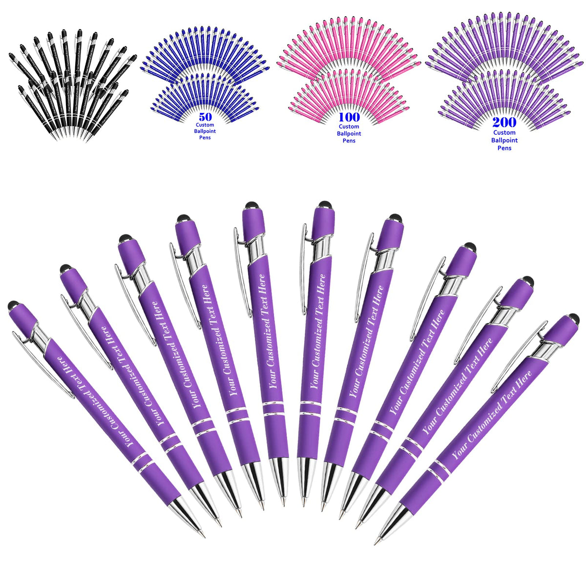 10 Pcs Personalized Pens in Bulk with Stylus Tip - Custom Print with Name 0.5 mm Soft Touch Medium