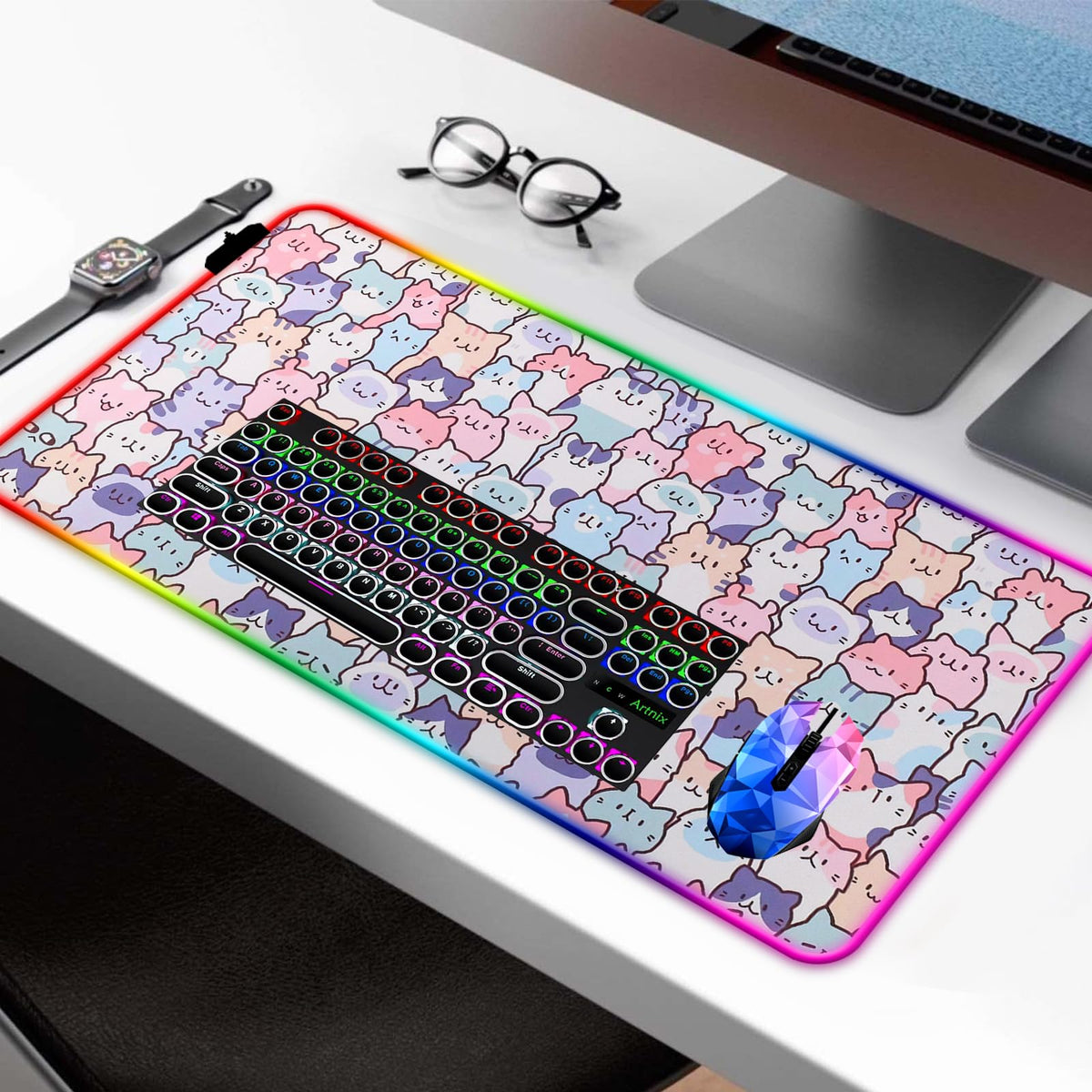JIANG100 RGB Cute Kawaii Cat Gaming Desk Mat & Mouse Pad, XL, Pink