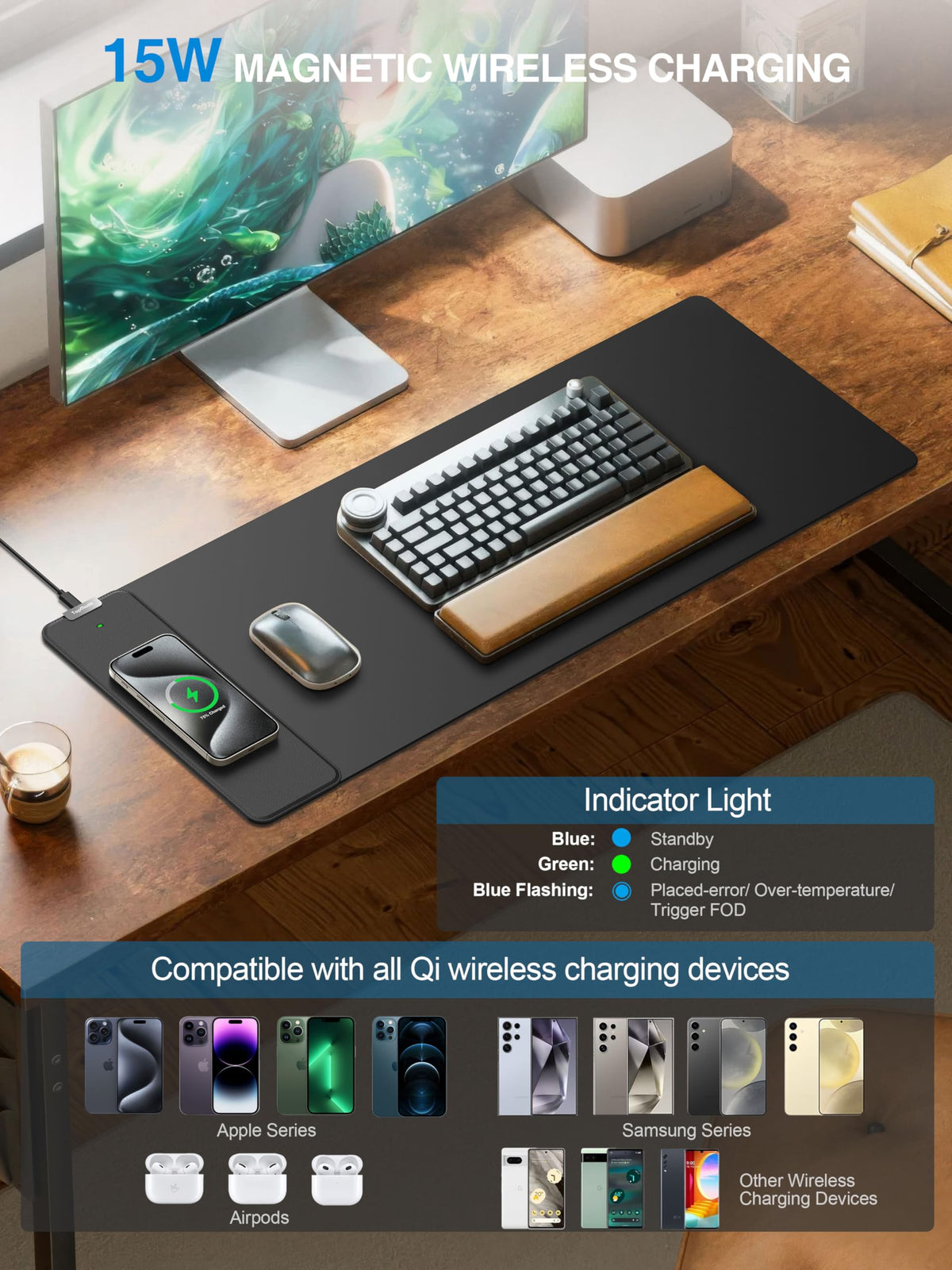 TopMade Wireless Charging Mouse Pad, 31.5"x11.81" XXL Large Desk Mat, Black