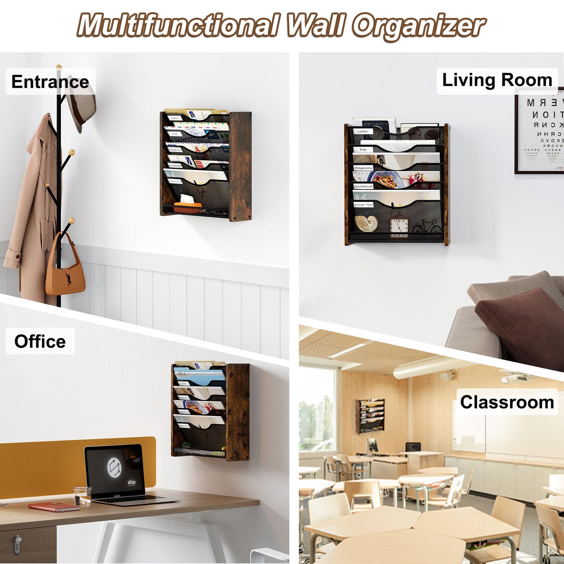 PAG-Mass Wall File Organizer,6 Tier Mesh Mail Organizer Wall Mounted,Hanging File Holder,Magazine