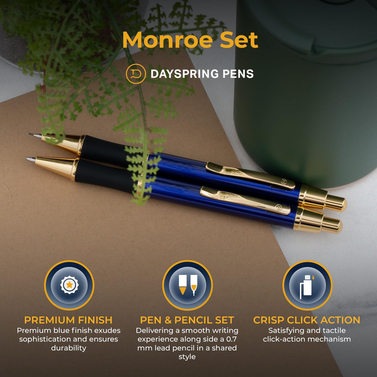 Dayspring Pens Monroe Personalized Ballpoint and Pencil in Blue, Gold Trim
