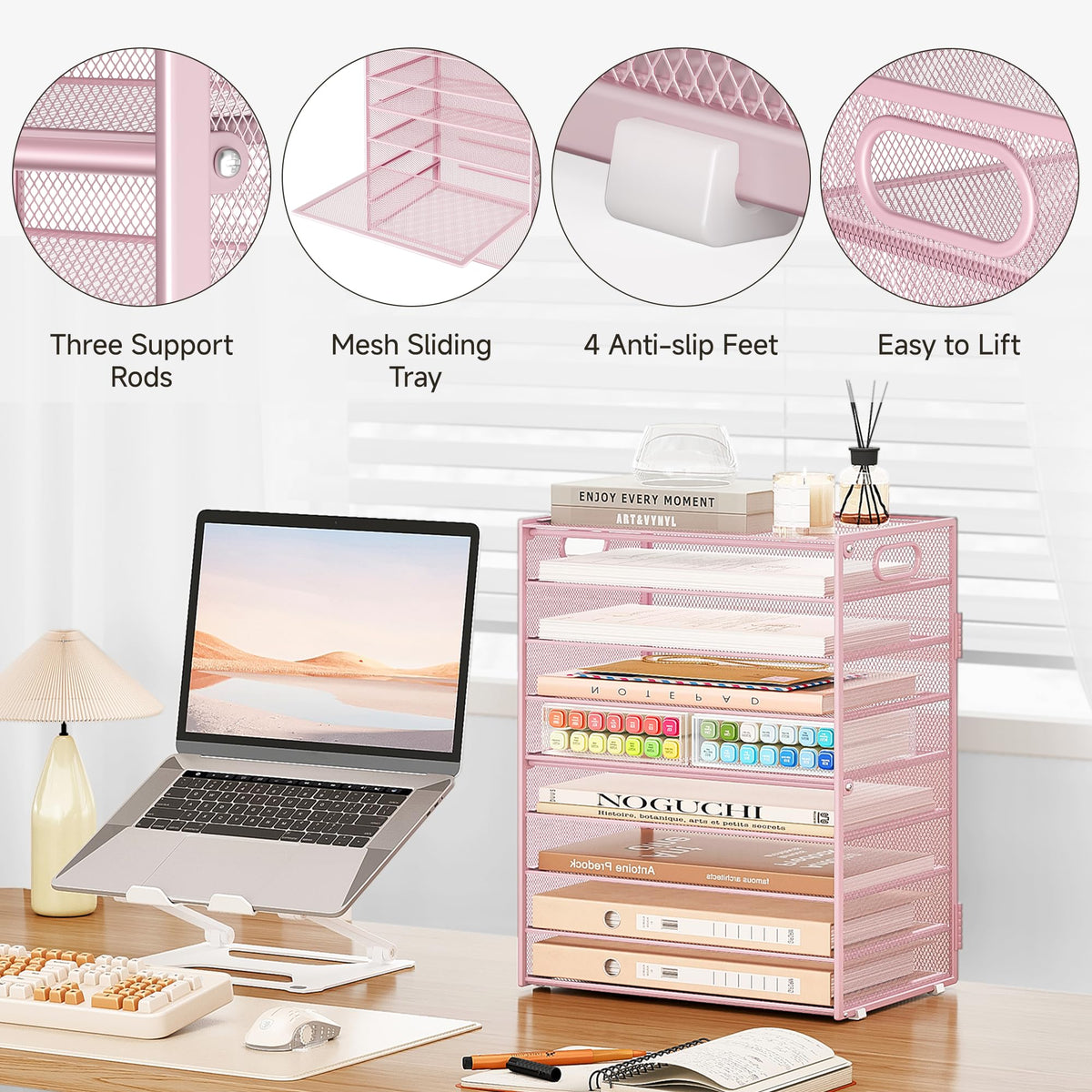 Subekyu 9 Tier Paper Letter File Tray Organizer for Desk, Pink Large Mesh Desk Folder Sorter