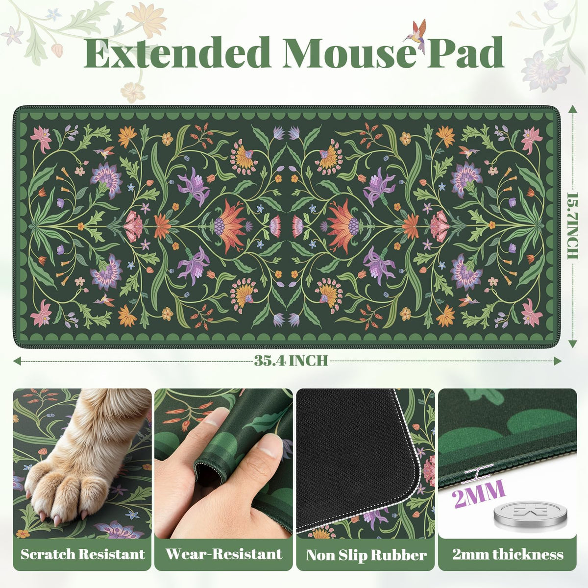 iLeadon Dark Green Desk Mat for Keyboard and Mouse,Full Desk Mouse Pad