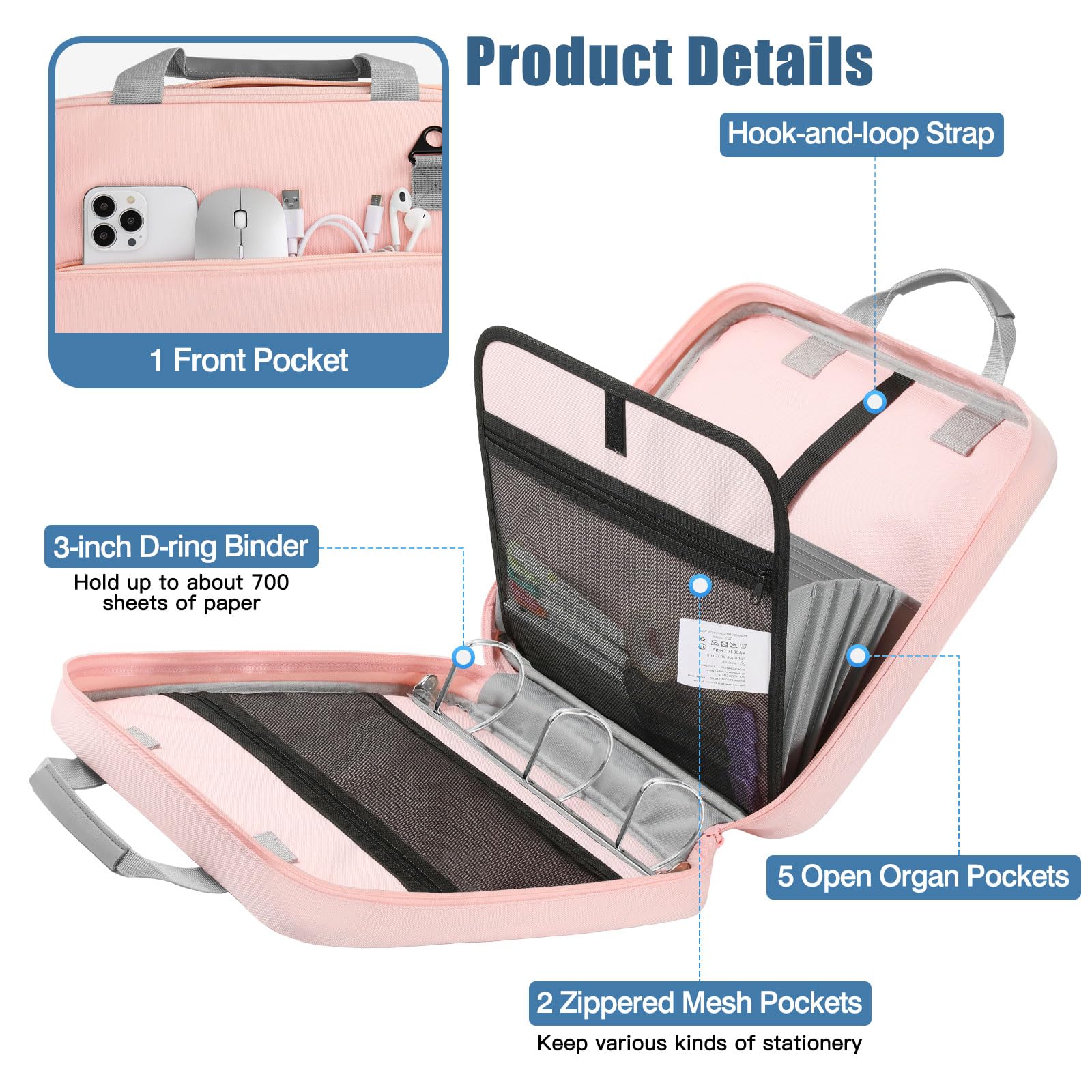 MoKo Zipper Binder, 3 Inch 3 D Ring, 5 Tab File Folders, 700 Sheets, Pink