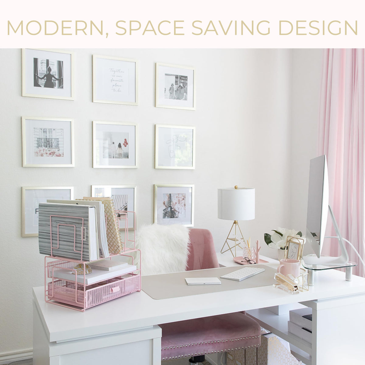 BLU MONACO | Pink Desk Organizer with Drawer | Wire Mesh Desk Organizer File Sorter | Metal Desktop