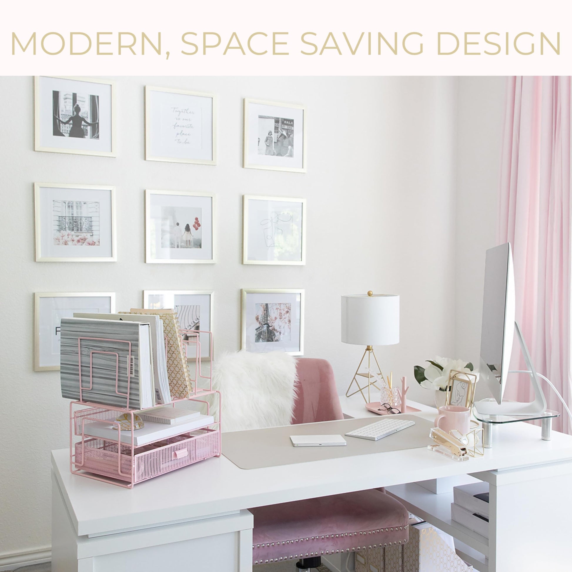BLU MONACO | Pink Desk Organizer with Drawer | Wire Mesh Desk Organizer File Sorter | Metal Desktop