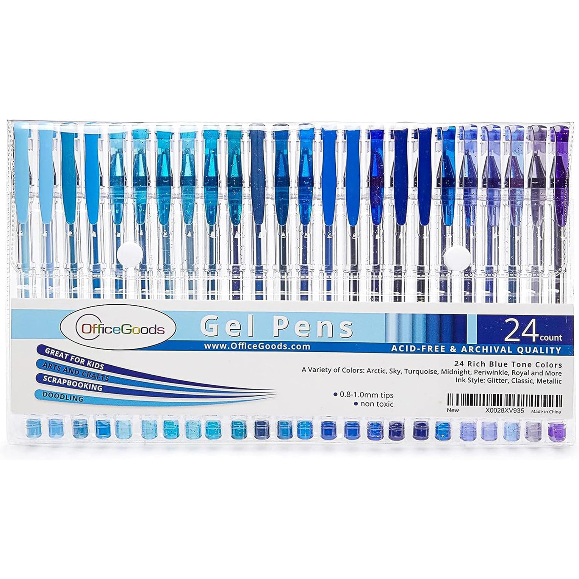 OfficeGoods Blue Gel Pens with Refills, Medium 0.8-1.0mm Tips, 24 Pack