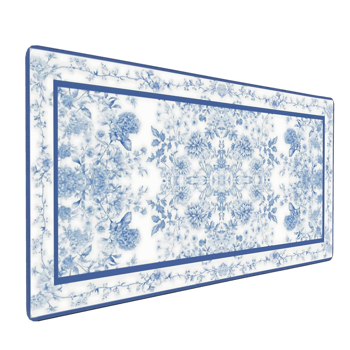 Floral Aesthetic Dahlia Gaming Mouse Pad, White Blue Rug Desk Mat with Anti-Slip Base & Stitched