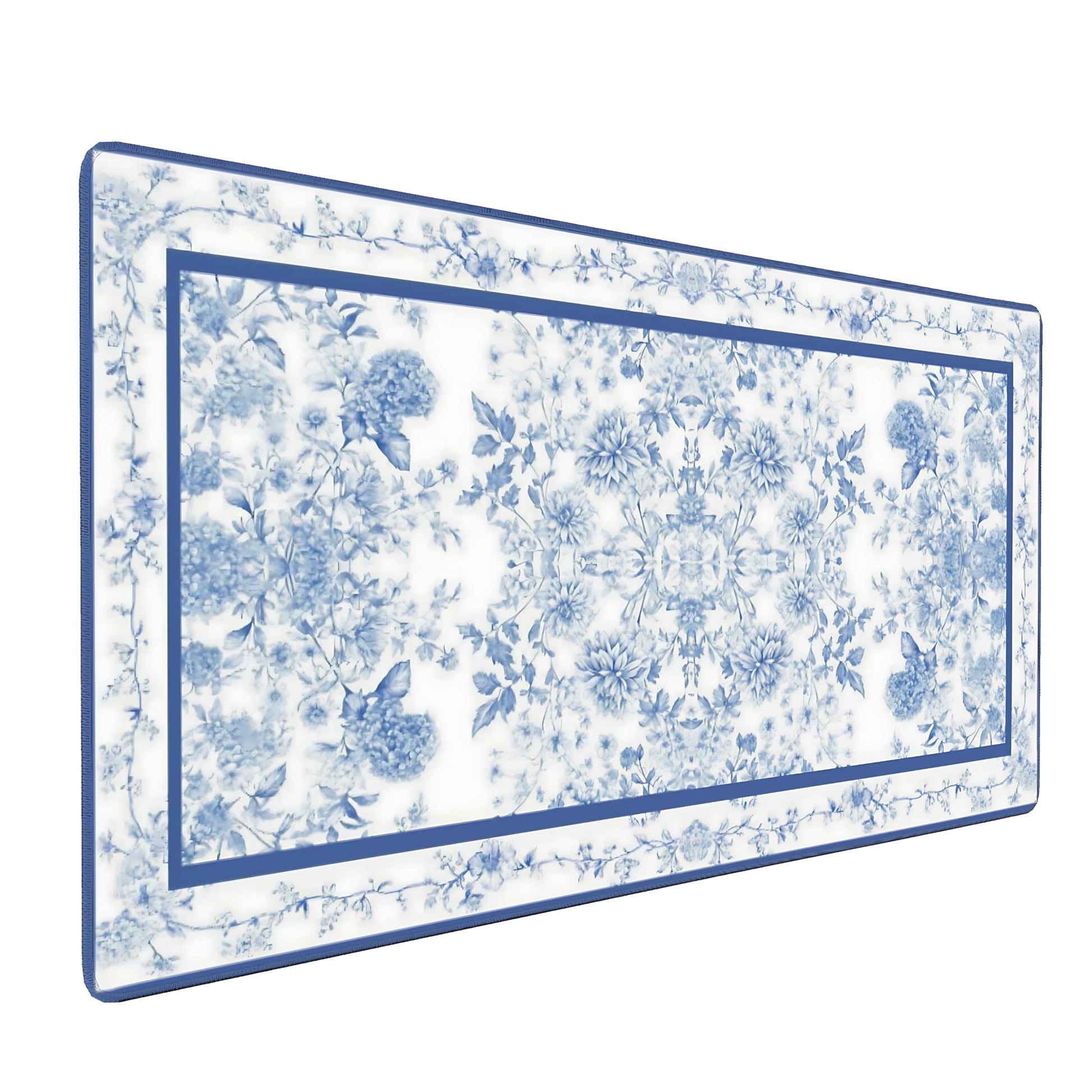 Floral Aesthetic Dahlia Gaming Mouse Pad, White Blue Rug Desk Mat with Anti-Slip Base & Stitched