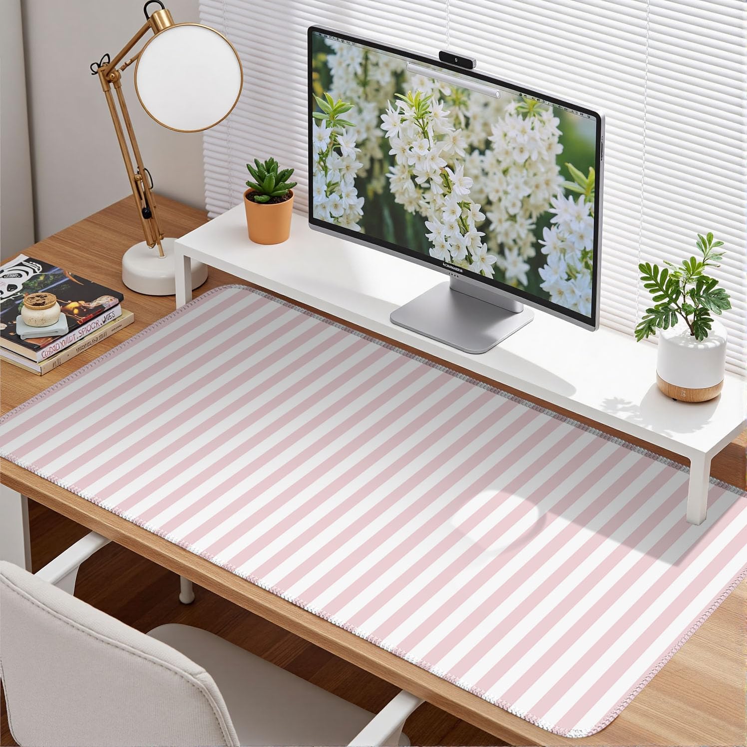 Pink Striped Desk Mat Cute Pastel Large Mouse Pad Kawaii Aesthetic Extended Mat for Home Office