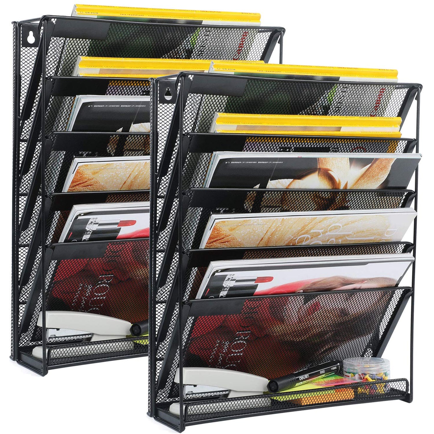samstar 2 Pack Wall File Organizer, 6-Tier Wall Mount Paper Holder Vertical File Rack, Mesh Metal