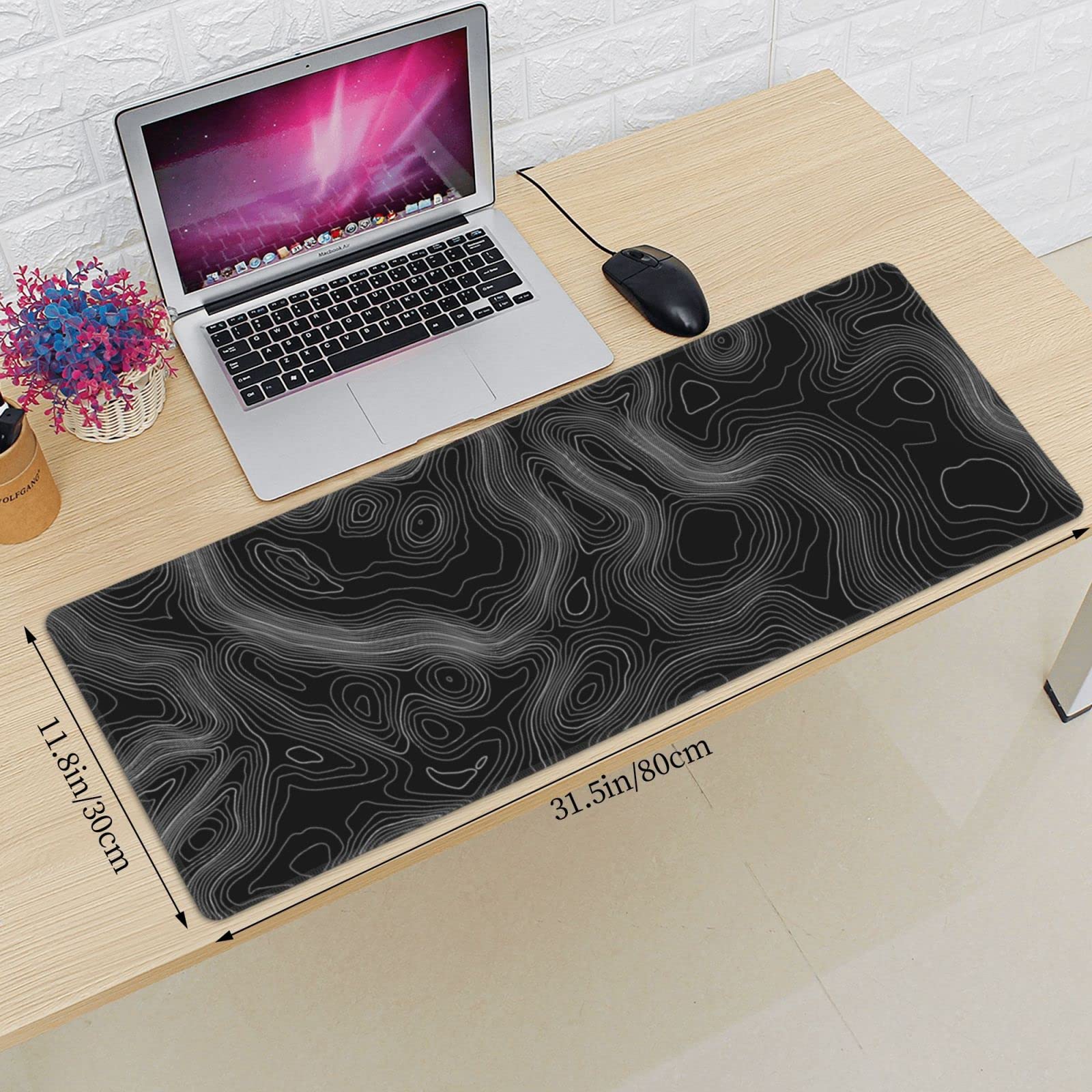 Topography Map Lines Contour Geographic Black XXL XL Large Gaming Mouse Pad for Desk, Non-Slip Long