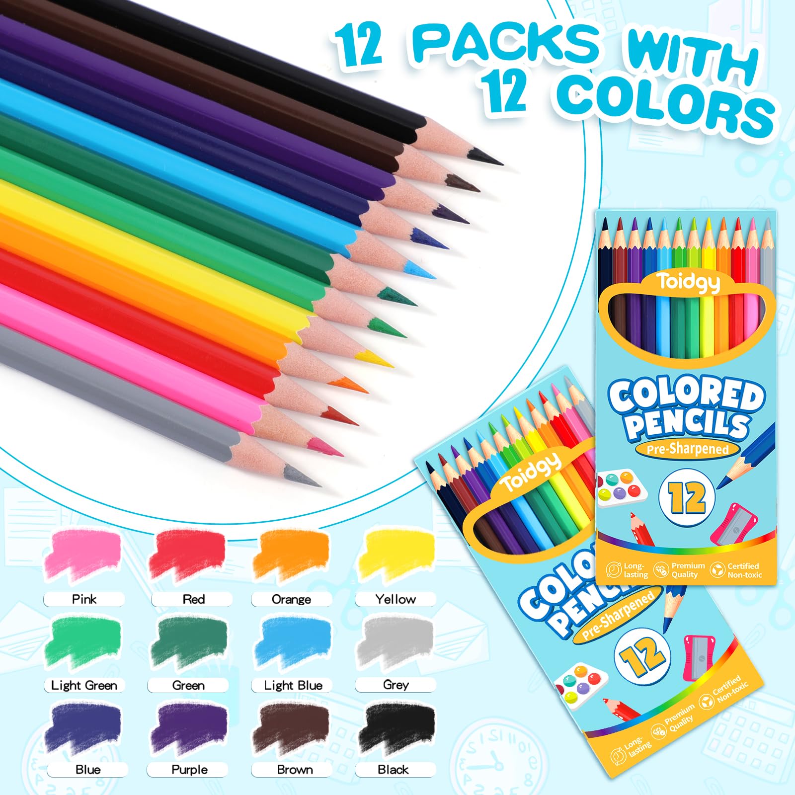 144 Count Colored Pencils for Kids, 12 Packs Colored Pencils Bulk 12 Colors