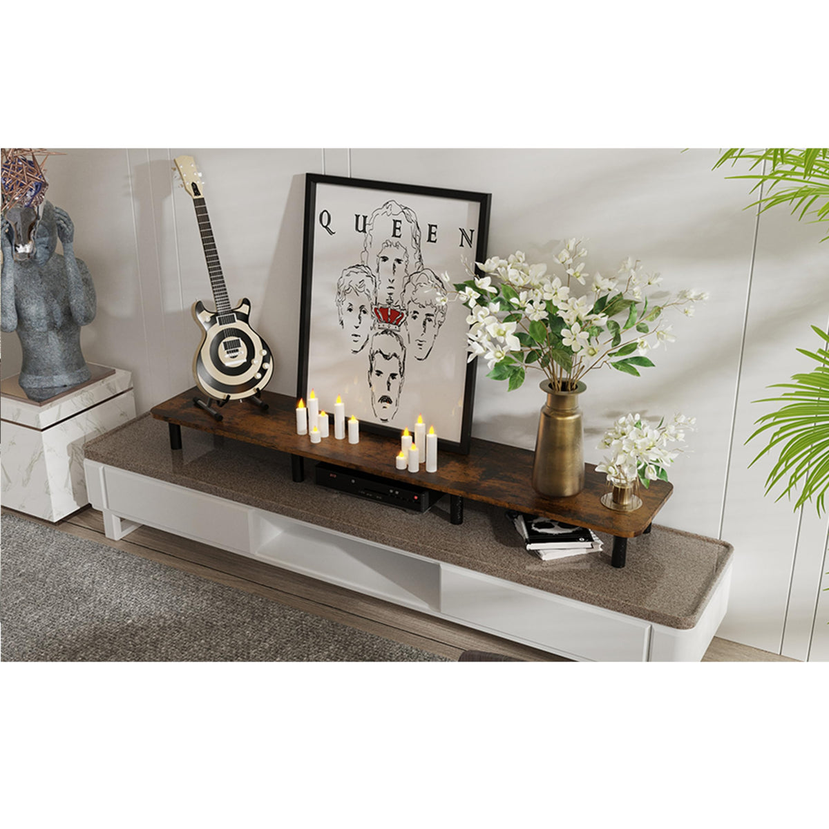 WEGASTU Dual Monitor Stand - 43.7 inch Extra Long Wide TV Stand - Wood & Steel Leg Desktop Riser