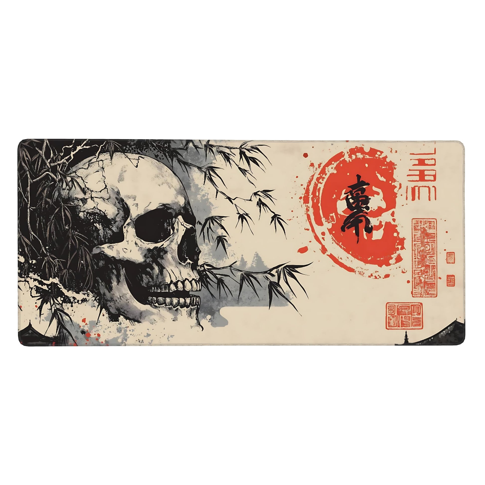 Aesthetic Skull Gaming Mouse Pad, Beige Black Japanese Desk Mat with Anti-Slip Base & Stitched