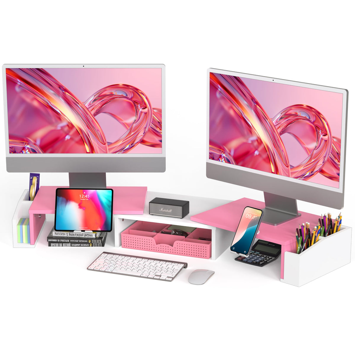 Simple Houseware Desk Dual Monitor Stand Riser with Drawer, Pink