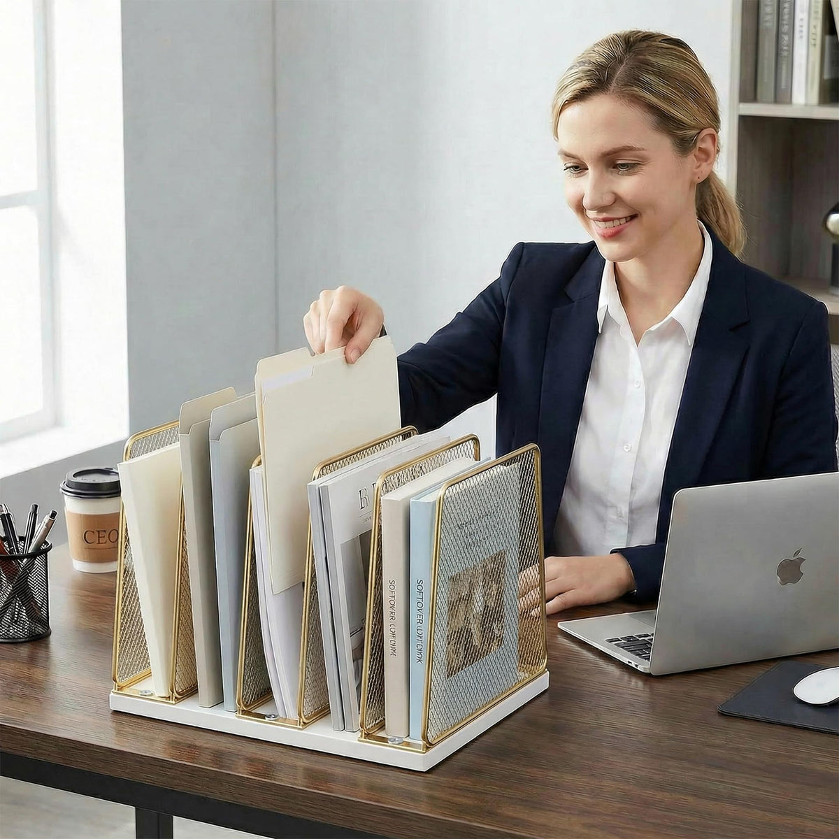 Becomrock 5-Section Vertical File Organizer for Desk, Gold