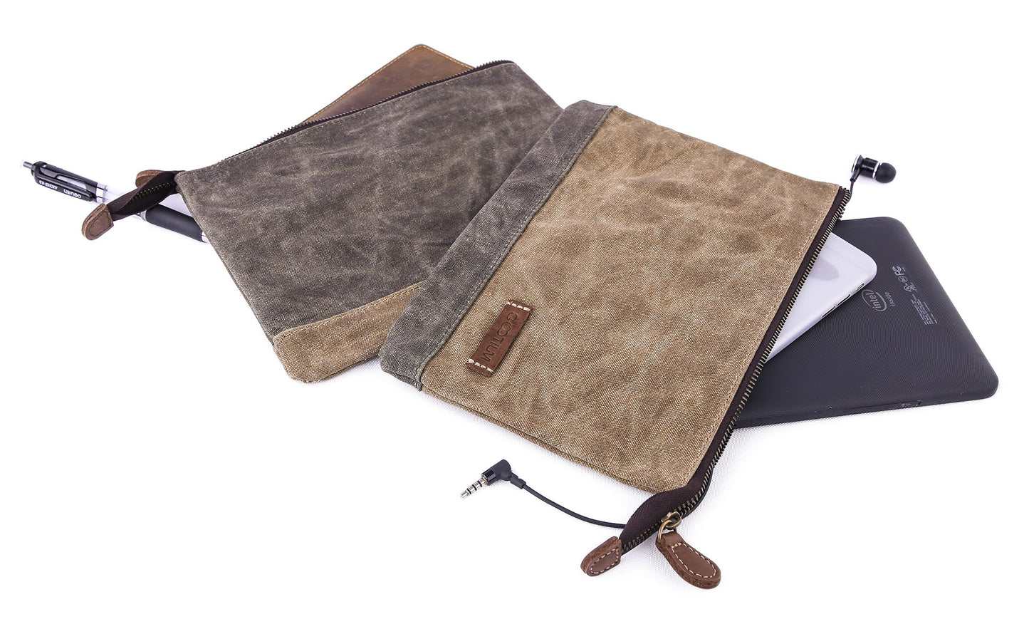 GOOTIUM Waxed Canvas Zip Pouch Set - Zippered Makeup Bag Office Supply Folio Pencil Bag