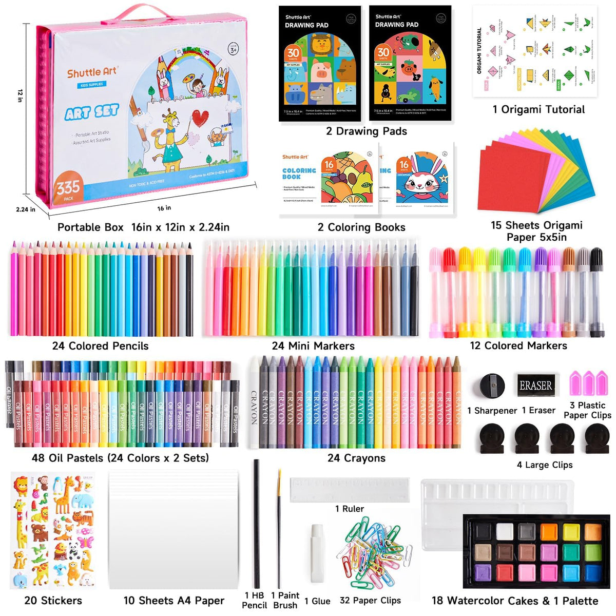 Shuttle Art 335 Piece Kids Art Set, Multi-Media Art Supplies, Gift Art Kit with Trifold Easel, 2