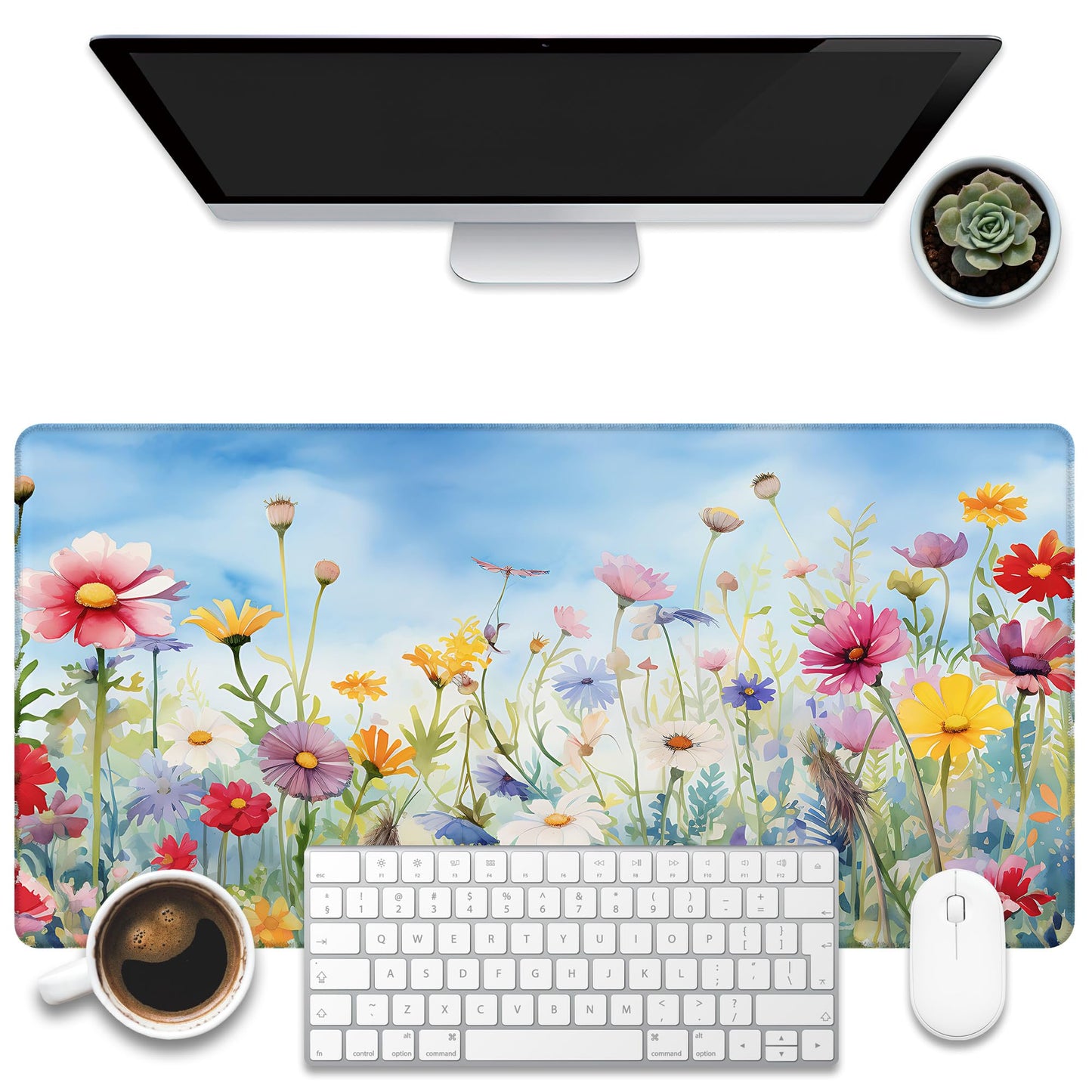 KOAIWPAE Large Gaming Mouse Pad, Colorful Wildflowers in Field Desk Mat, Watercolor Flowers Desk