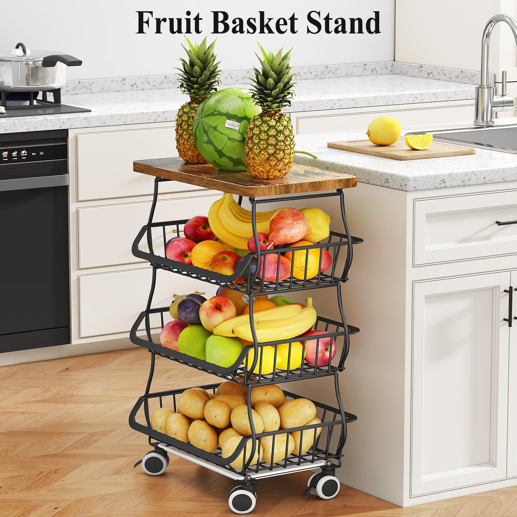 SAYZH 4-Tier Fruit and Vegetable Basket Stand for Kitchen, Wood Top, Black
