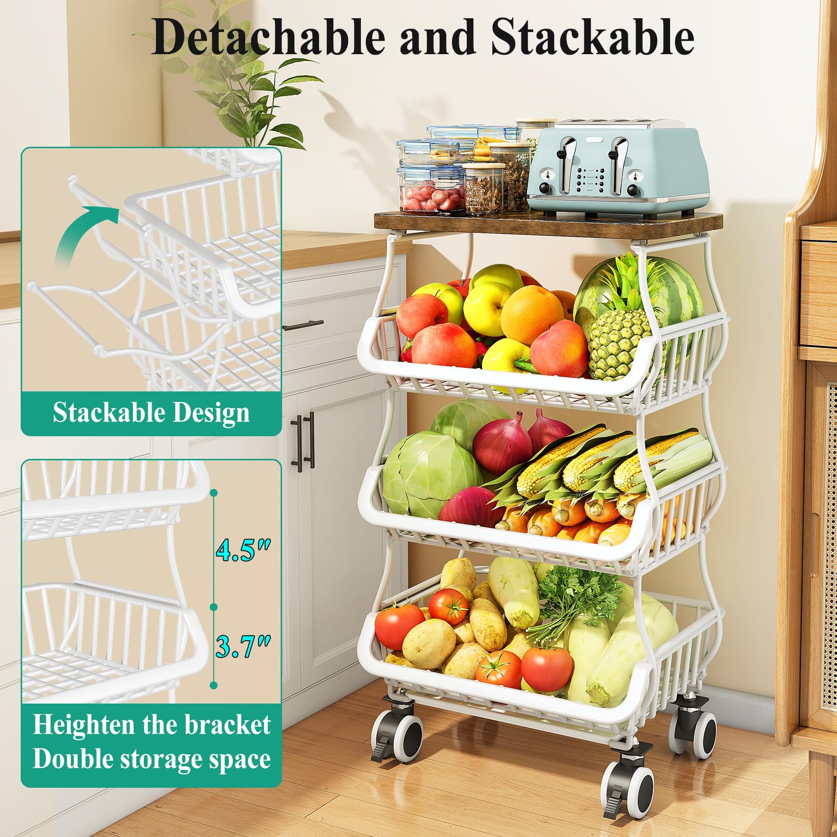 SAYZH 4-Tier Fruit and Vegetable Basket Stand for Kitchen, Wood Top, White