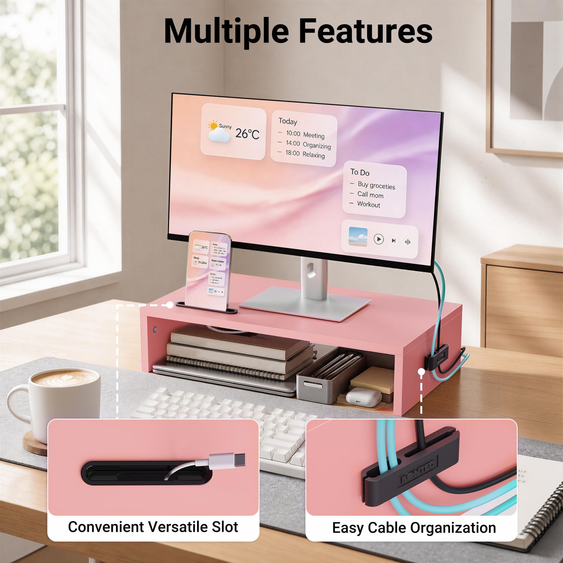 BONTEC Monitor Stand Riser with Cellphone Holder & Cable Management