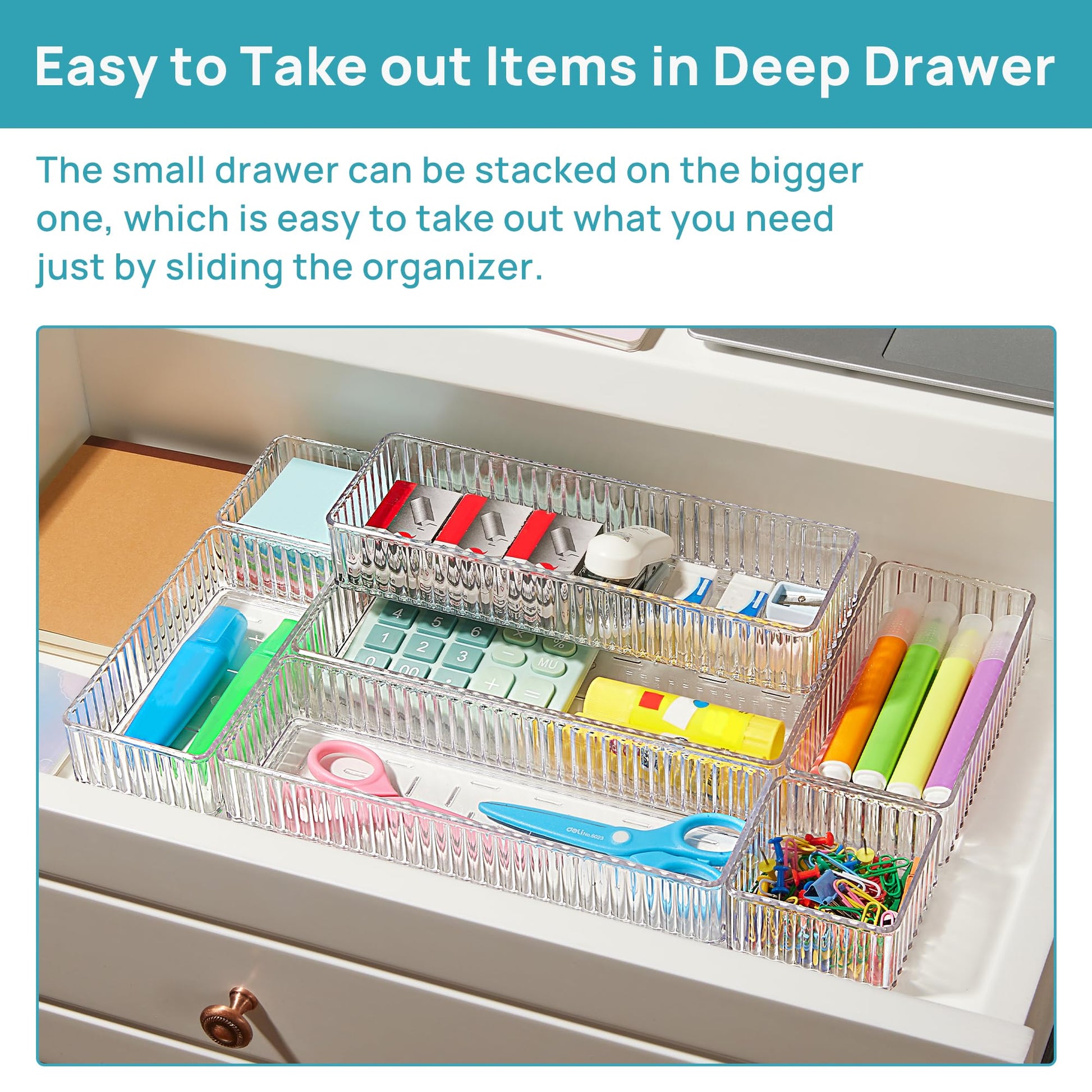 Vtopmart 7 PCS Clear Makeup Drawer Organizers Bins, 4-Size Stackable Makeup and Vanity Organizer