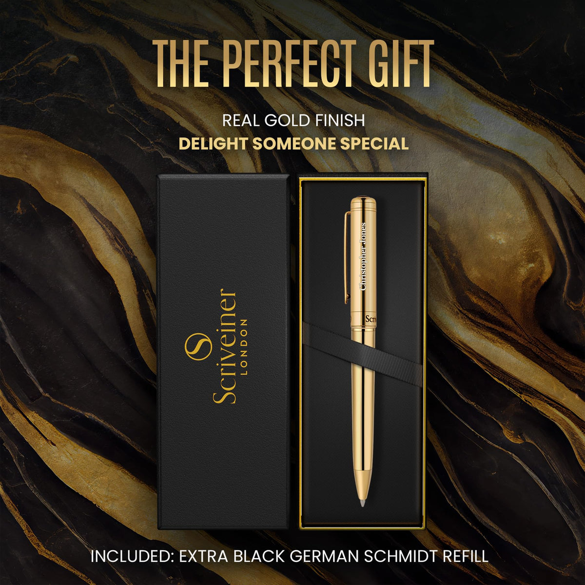 Scriveiner Personalized Gold Ballpoint Pen - Stunning Luxury Pen, Real Gold Plating, Schmidt Ink