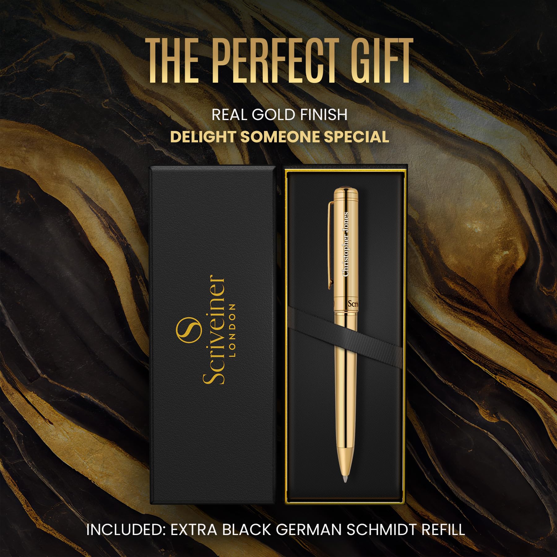 Scriveiner Personalized Gold Ballpoint Pen - Stunning Luxury Pen, Real Gold Plating, Schmidt Ink
