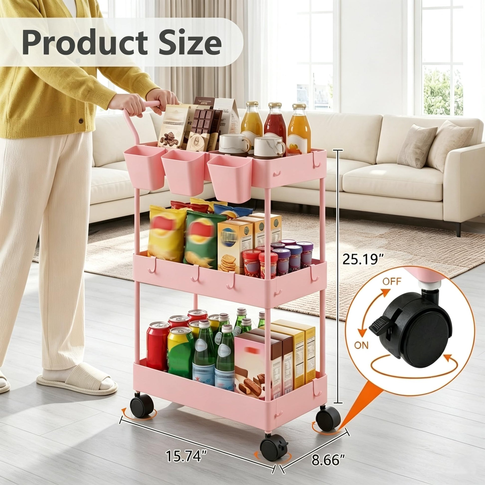 danpinera Slim Storage Cart, 3 Tier Narrow Rolling Cart on Wheels Bathroom Organizer with Dividers
