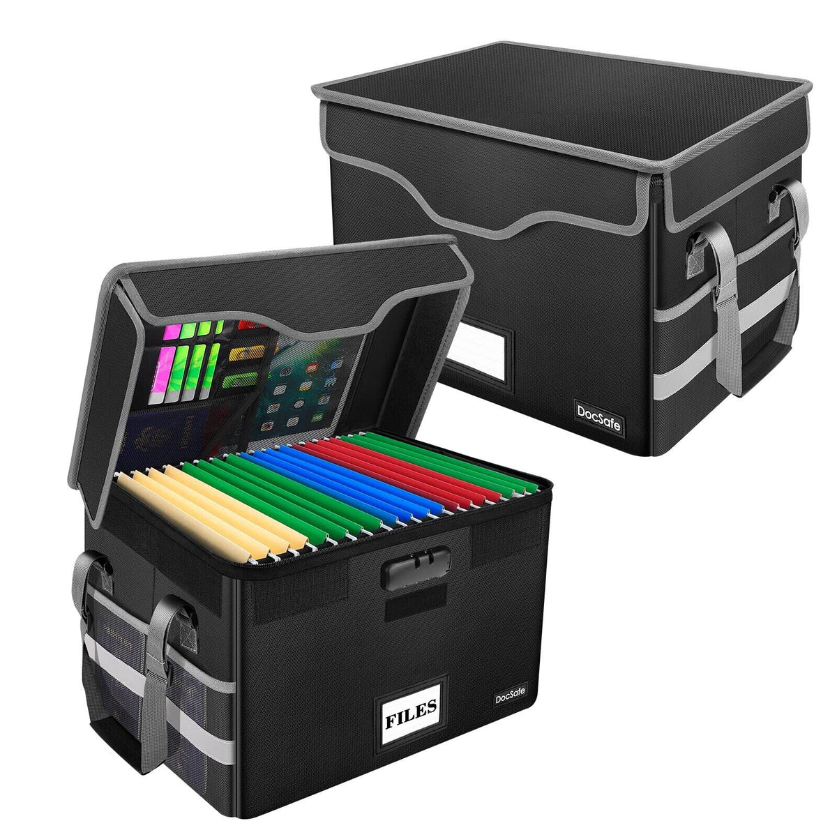 DocSafe Fireproof Document Box with Lock,File Storage Organizer with Pockets,Collapsible Portable