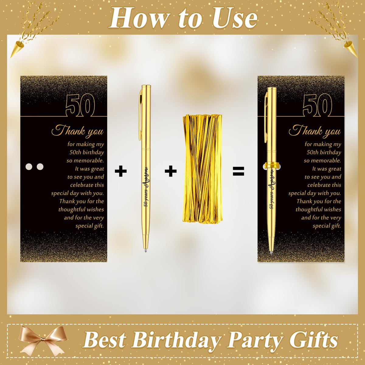 Feifeiya 50 Sets 50th Birthday Party Favors with Black Gold Pens Thank Card