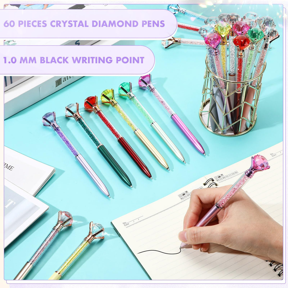 Zhehao 60 Pcs Diamond Pens Bulk Crystal Top, Rhinestone Pens, Multicolor