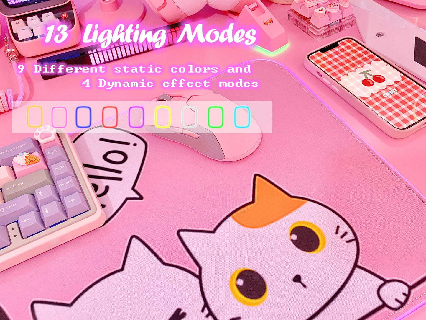 JMIYAV Pink Kawaii Cat RGB Gaming Mouse Pad 31.5x12 Inch PC XL Large Extended Glowing Led Light Up