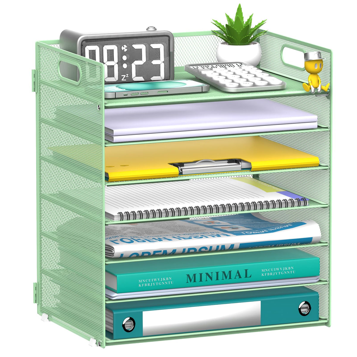 7 Tier Paper Organizer for Desk with Letter Trays & Handle Mint Green