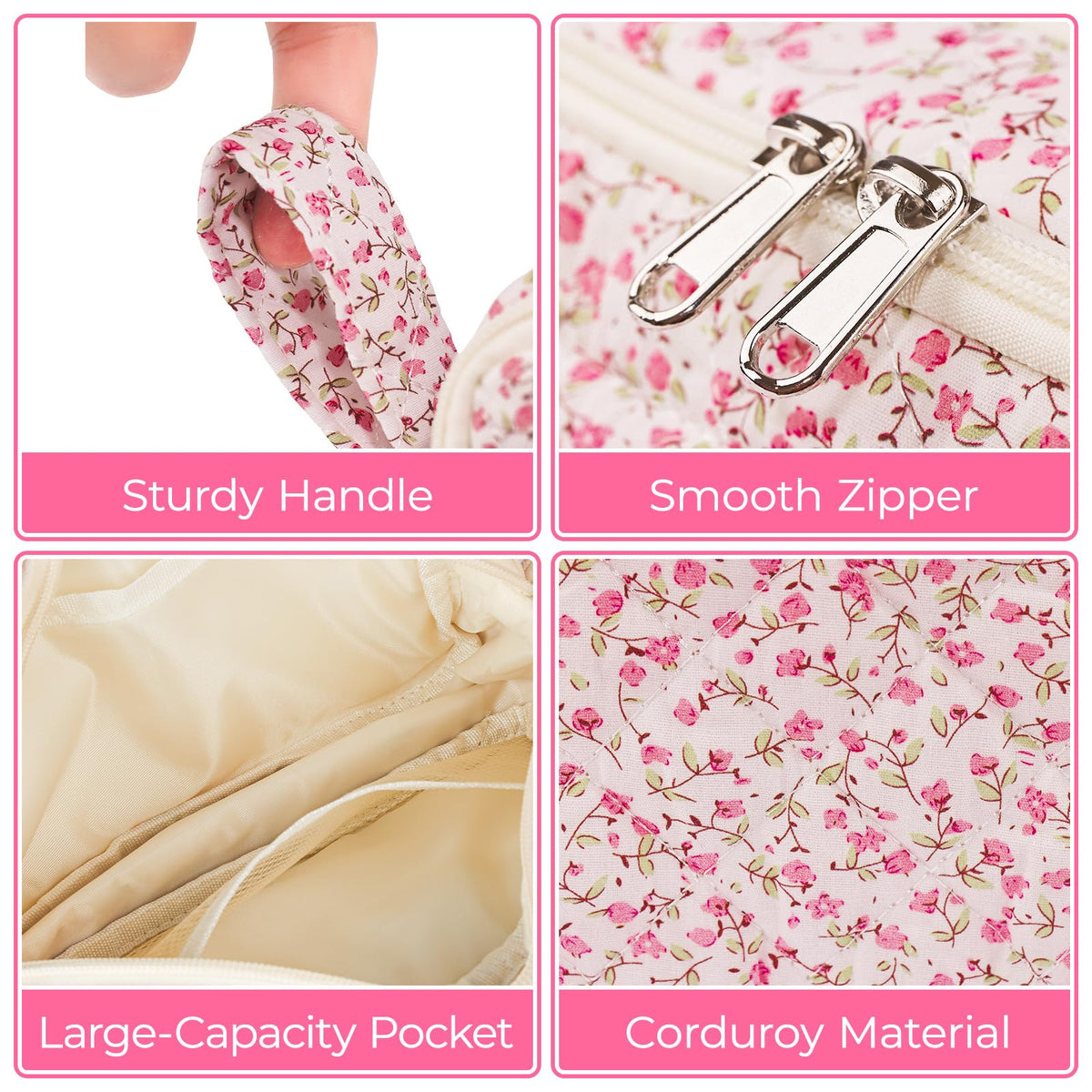 WOBAGMEN Quilted Pencil Pouch, Pink Floral, Girls Women