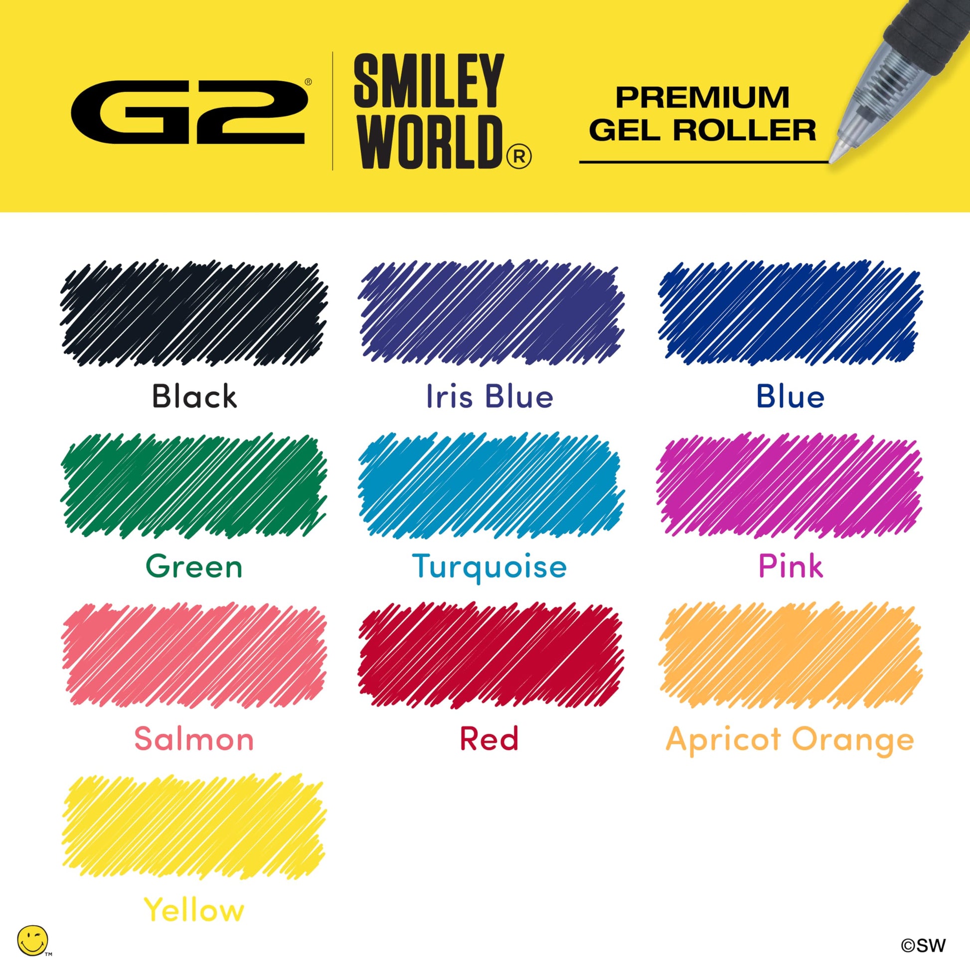 PILOT, G2 Smileyworld Gel Roller Pens, 10 Pack Pouch, Assorted Ink