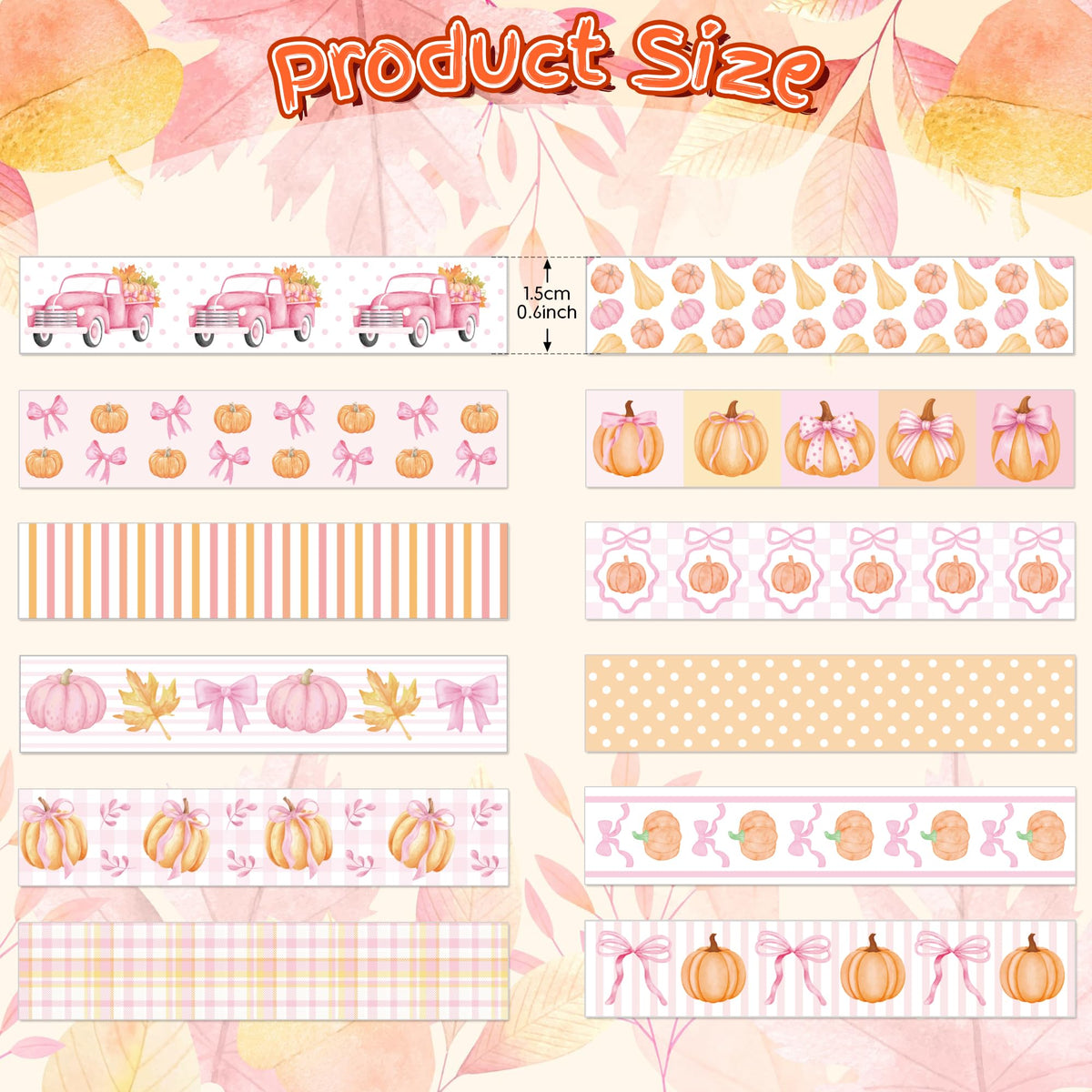 BkeeCten Fall Bow Pumpkin Washi Tape, 12 Rolls Watercolor Decorative Tape