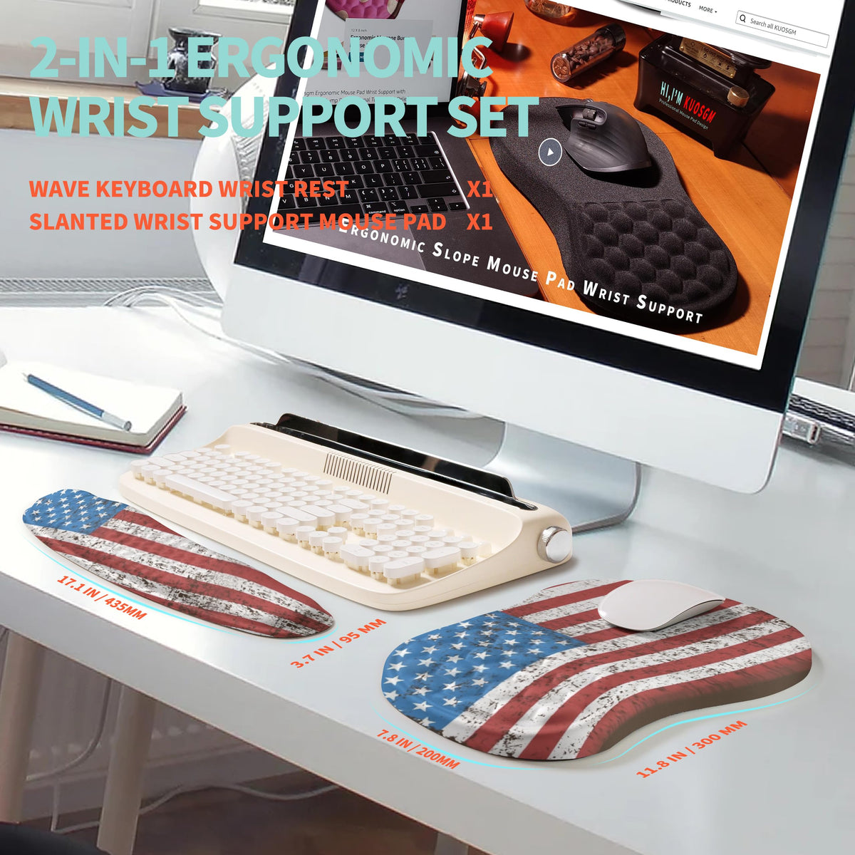 KUOSGM 2-in-1 Ergonomic Set, Wave Rise Keyboard Wrist Rest and Massage Bulge Slope Mouse Pad Wrist