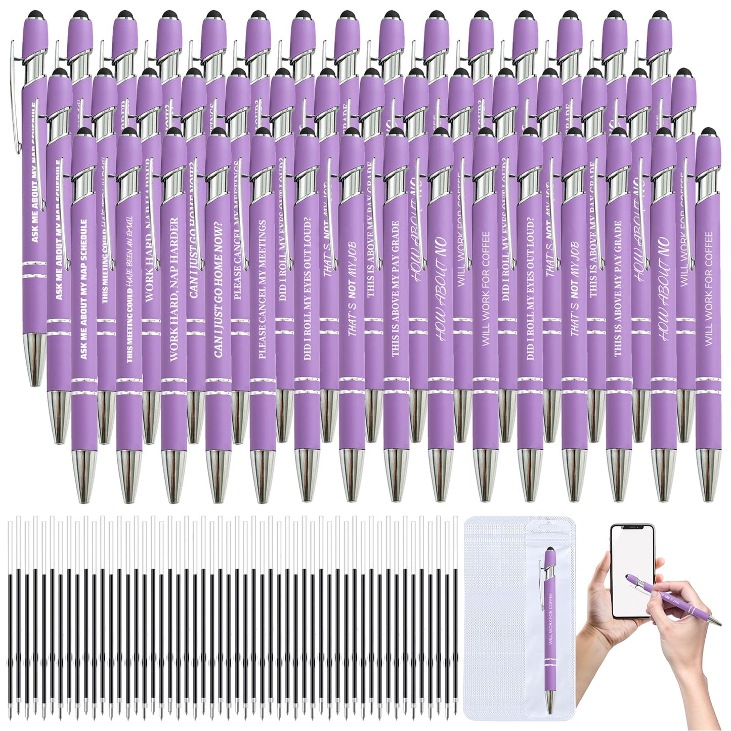 150 Pcs Funny Sarcastic Pens - 50 Set Ballpoint Pens with Refills & Bags,Fun Pen with Snarky